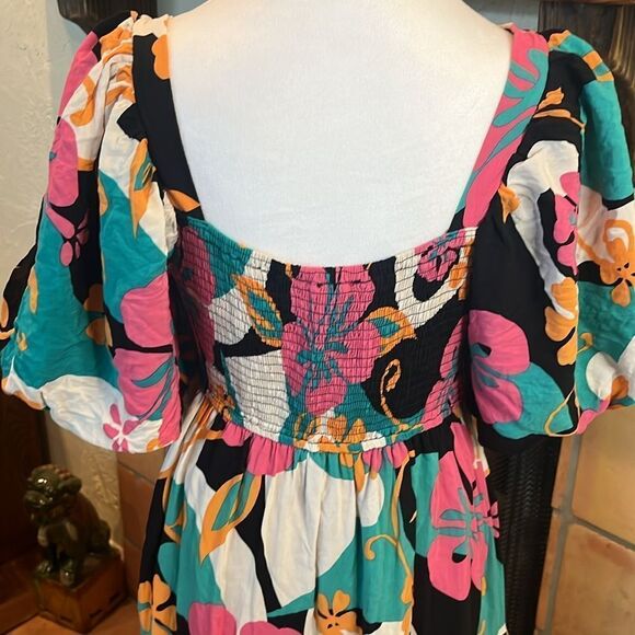 Entro Maui Floral Balloon Sleeve Tiered Midi Dress, size M - Picture 7 of 12